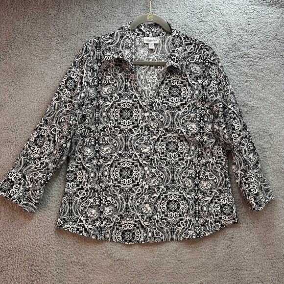 Coldwater Creek XL Button Up Top Long Sleeves V-Neck‎ Black White Pattern - Picture 5 of 8